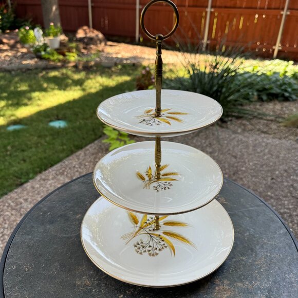 Vintage MCM Homer Laughlin 3-Tiered Serving Tray Golden Wheat Rhythm Shape